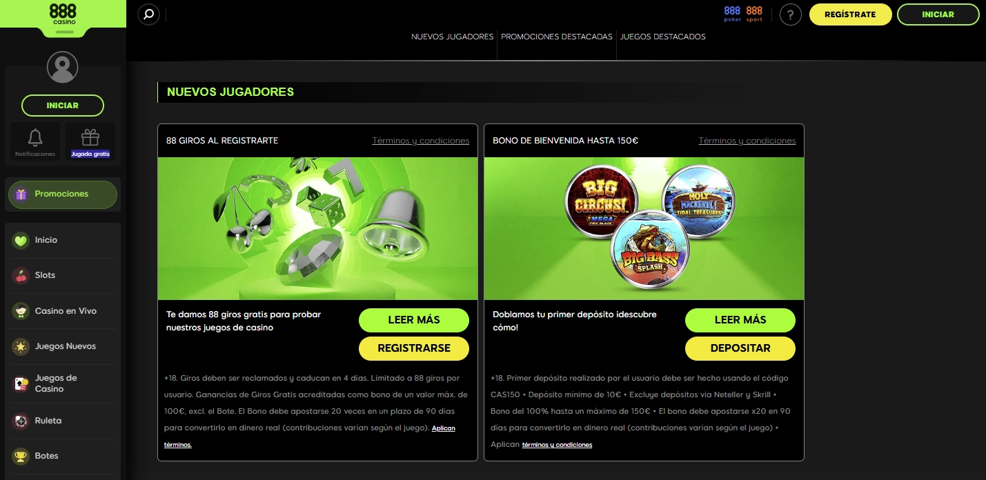Detalle de promociones destacadas de 888 Casino