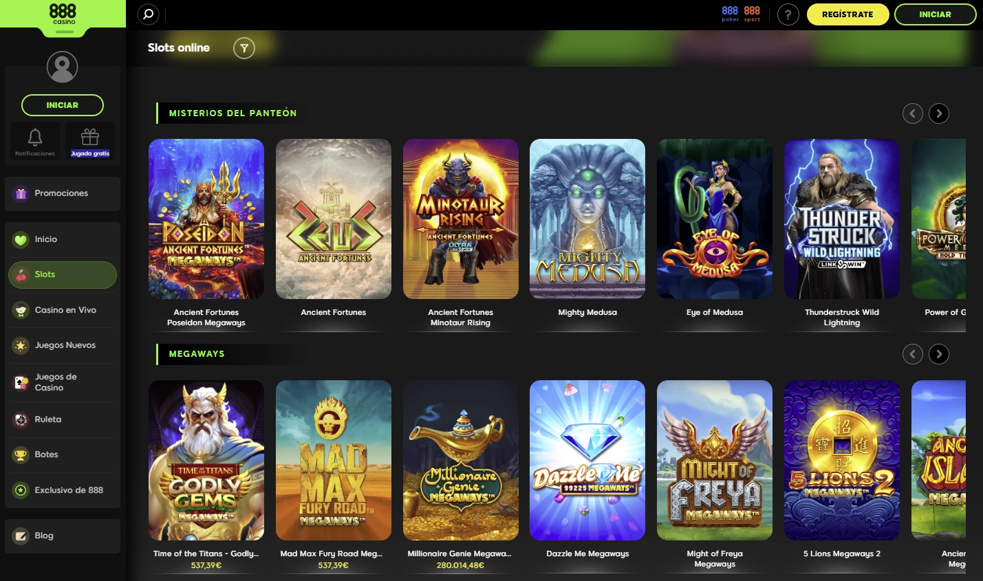 Vista de los juegos disponibles en 888 Casino