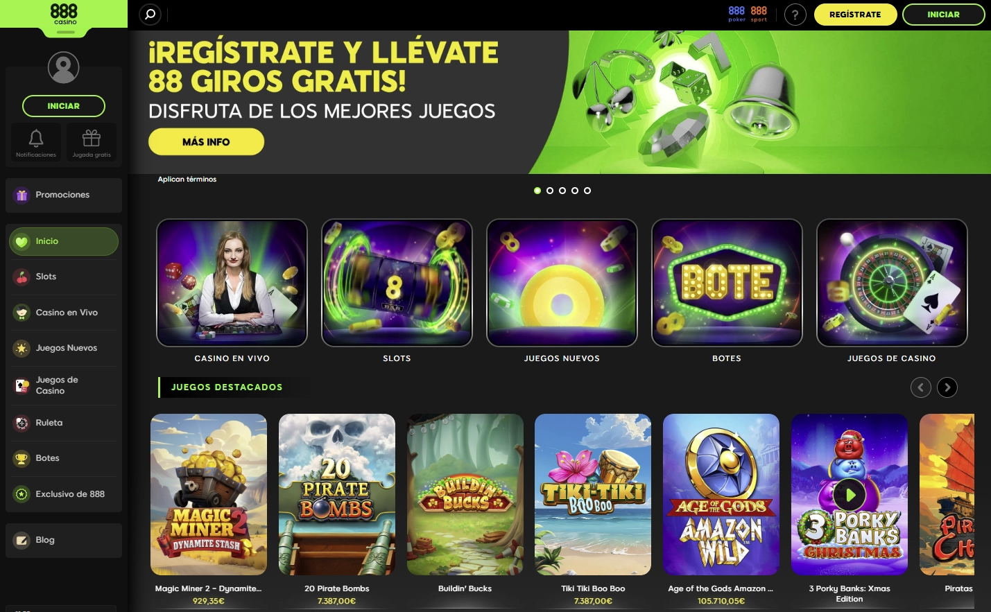 Vista principal de la interfaz de 888 Casino