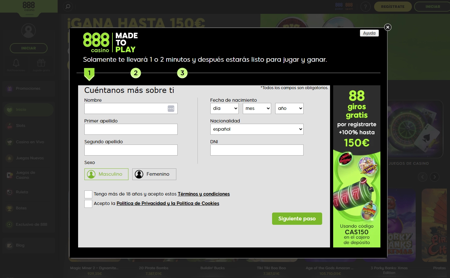 Captura de la pantalla de registro en 888 Casino